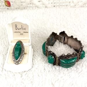 VTG Sterling Silver Mexican Green Onyx Tribal Face Ring & Bracelet Boho Western